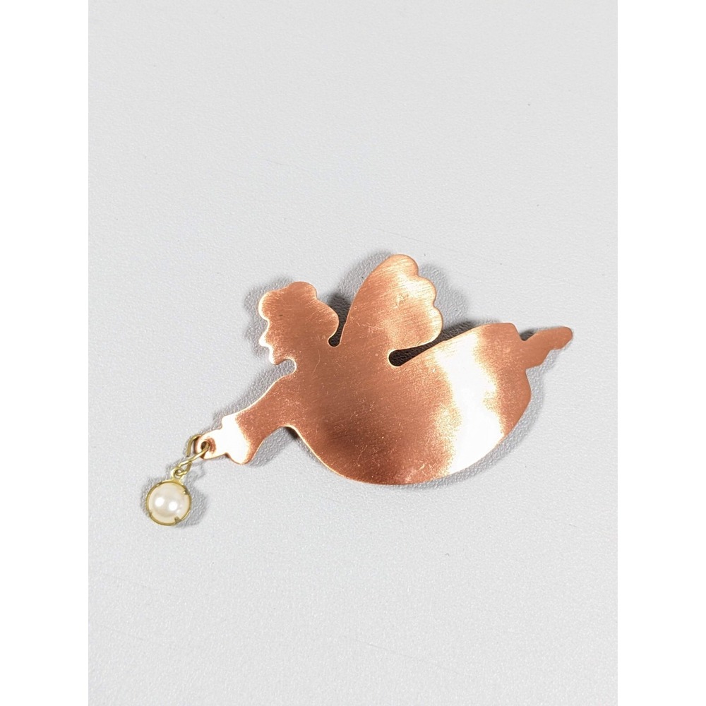 Vintage Copper Flying Angel Fauxβ Pearl Charm Brooch Figural Pin